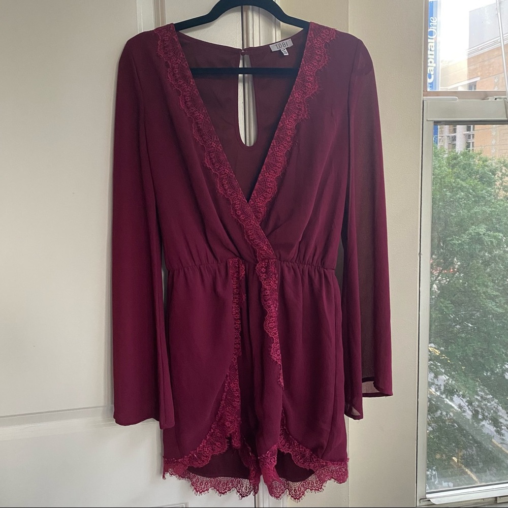 Burgundy lace trim romper